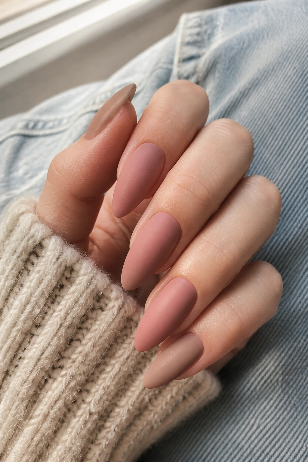 Close-up of dusty rose matte almond nails on a hand with soft denim and knit background