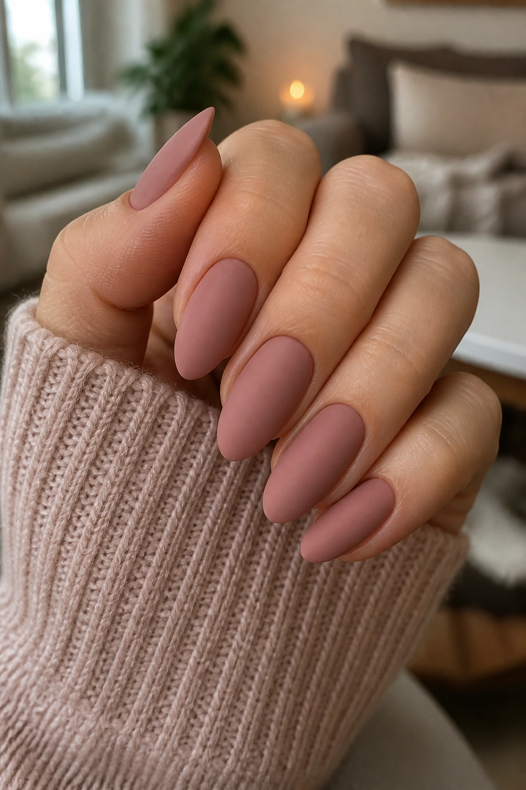 Close-up of dusty rose matte almond nails on a real hand
