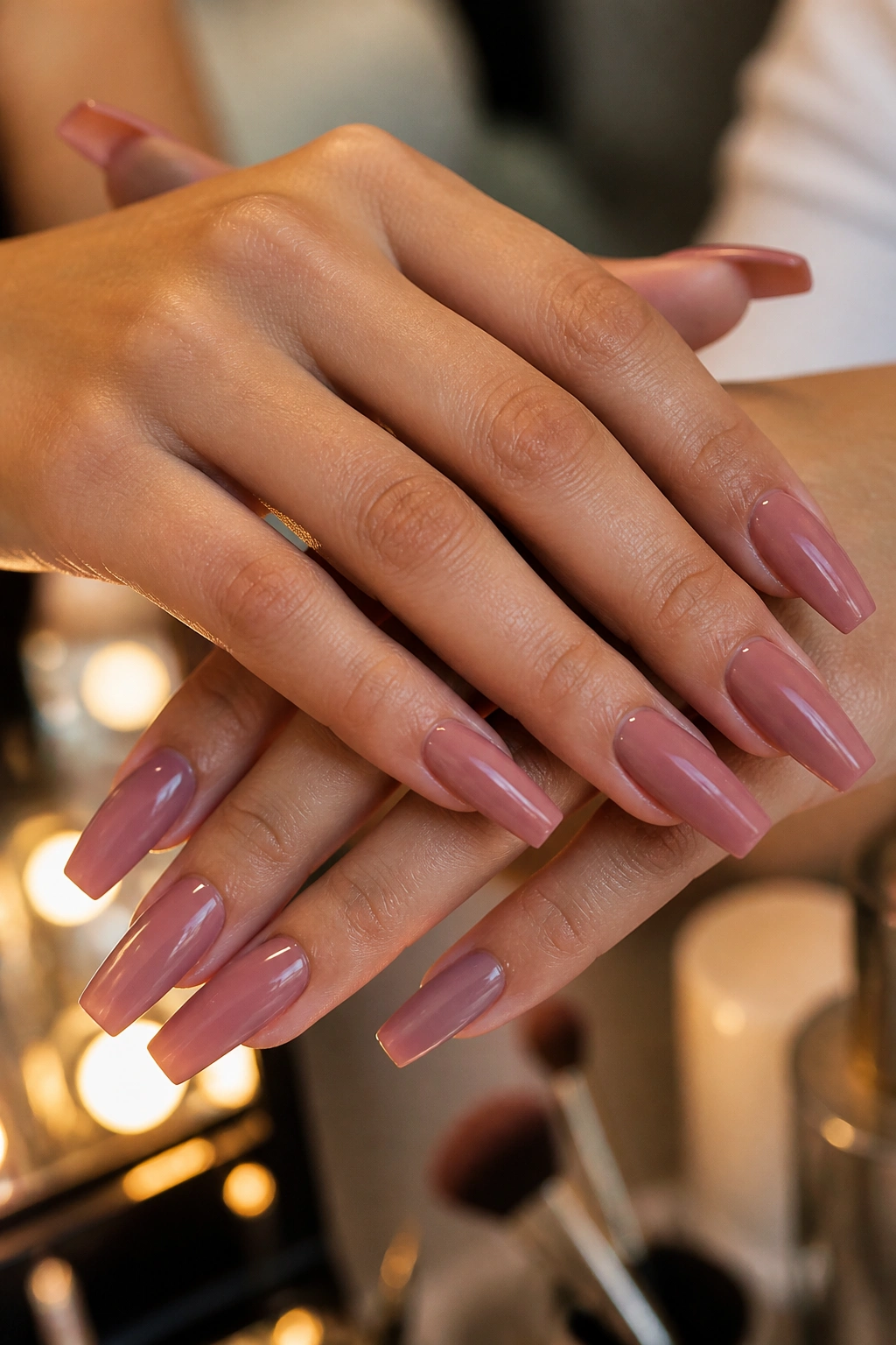 Close-up of dusty rose coffin nails on a real hand in warm vanity lighting