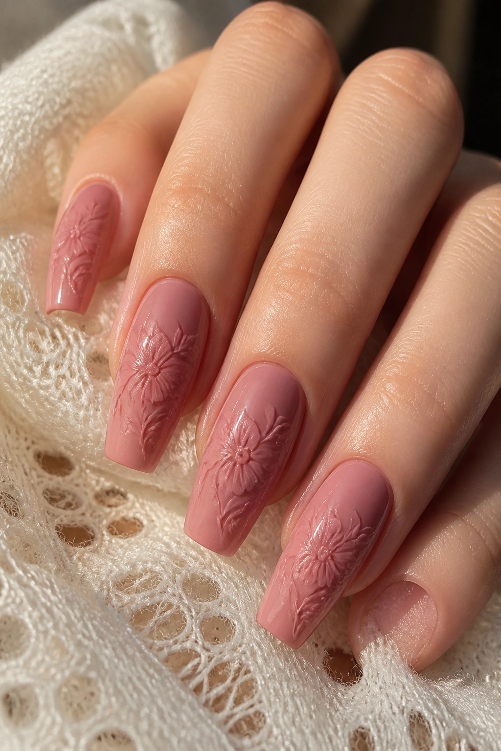 Dusty rose coffin nails with subtle tonal floral art