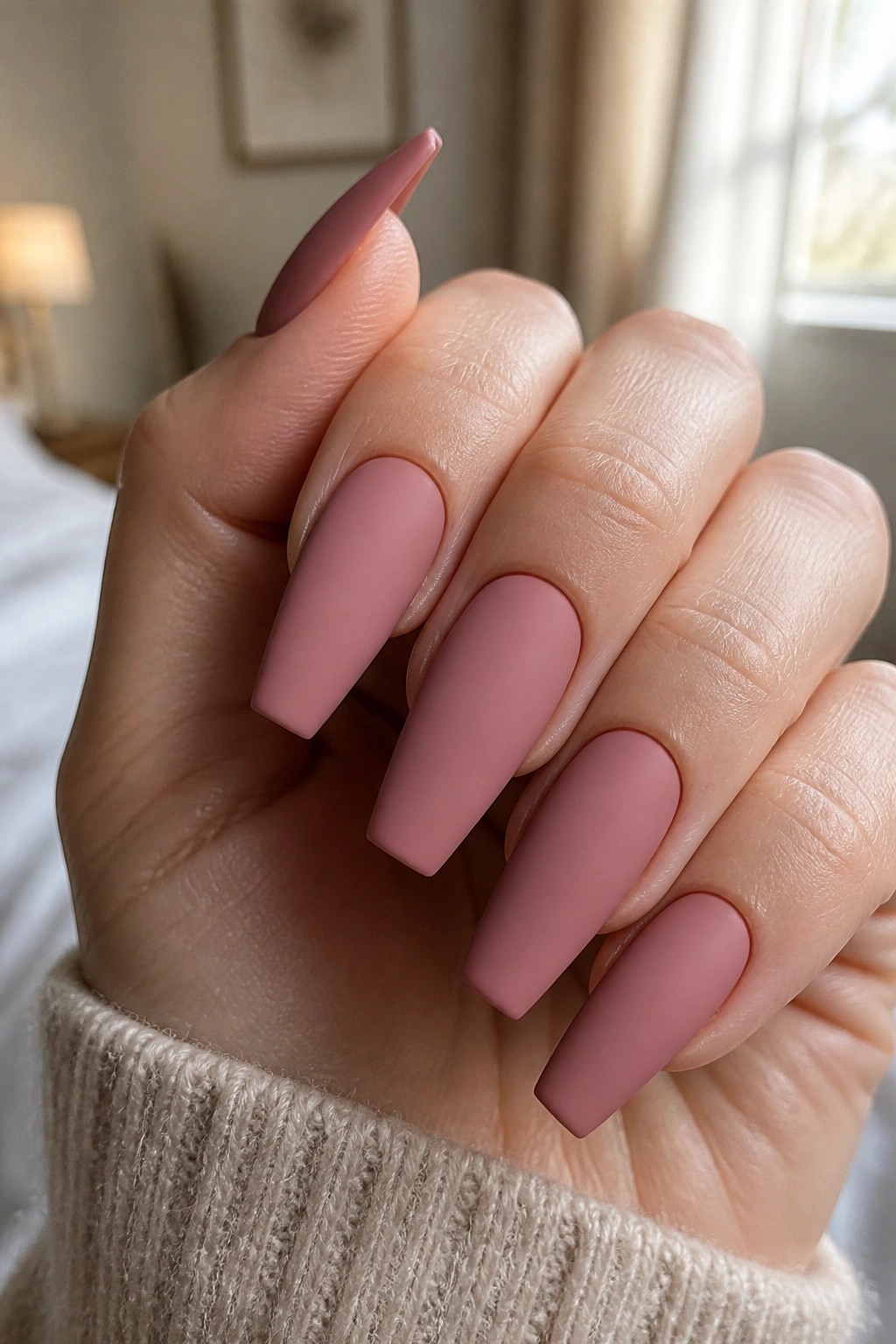 Close-up of dusty rose matte coffin nails on a hand