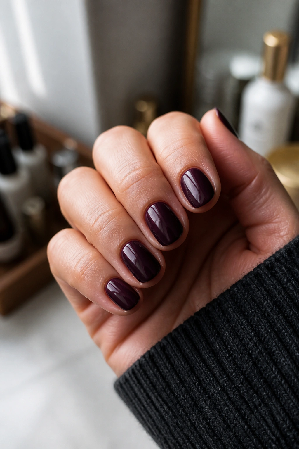 Close-up of extra-short almond nails in deep eggplant gloss on a real hand
