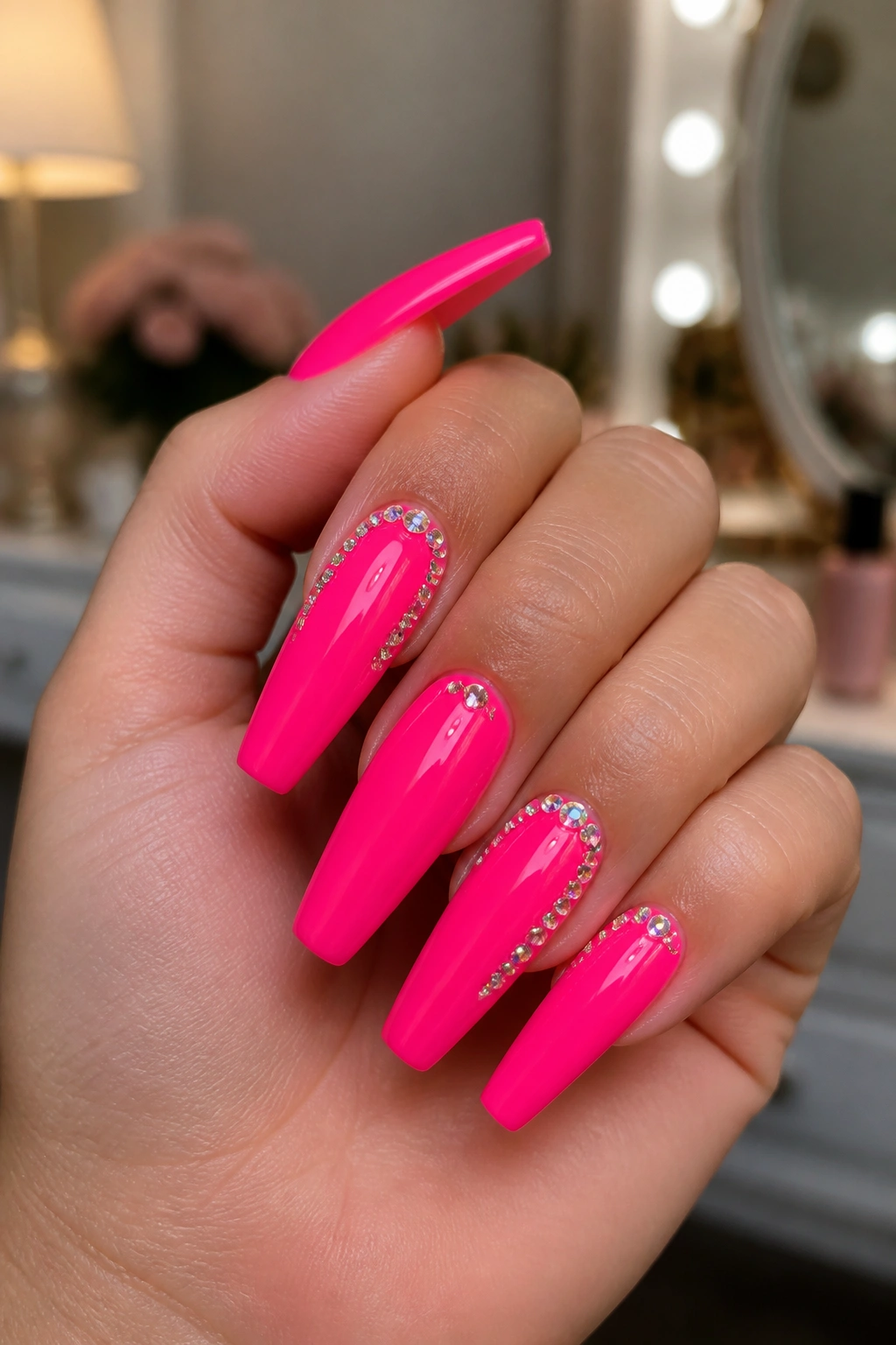 Close-up of electric hot pink coffin nails with crystal accents