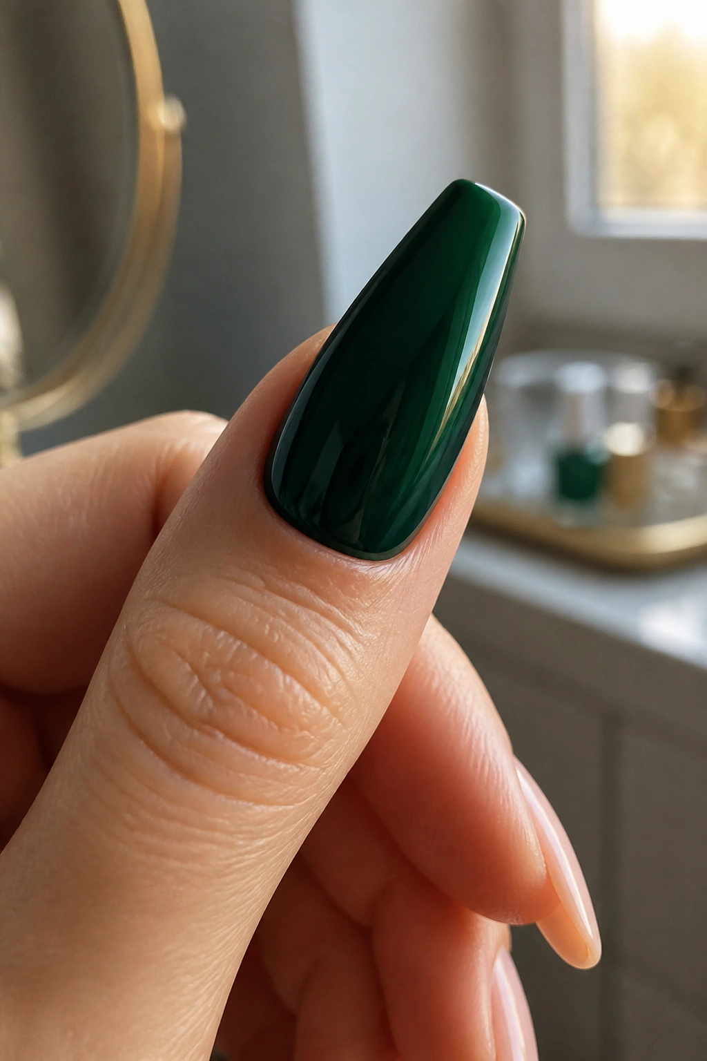 Close-up of a single emerald ballerina nail on a real hand with a glossy deep-green finish
