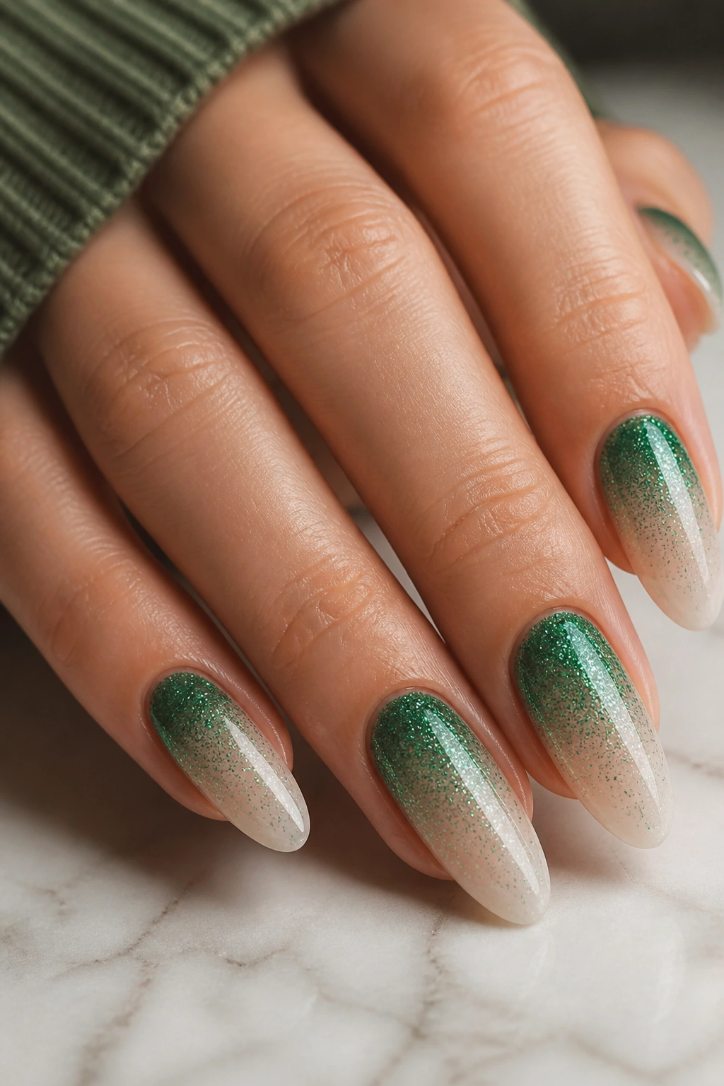 Almond nails with emerald glitter gradient fading toward the tip