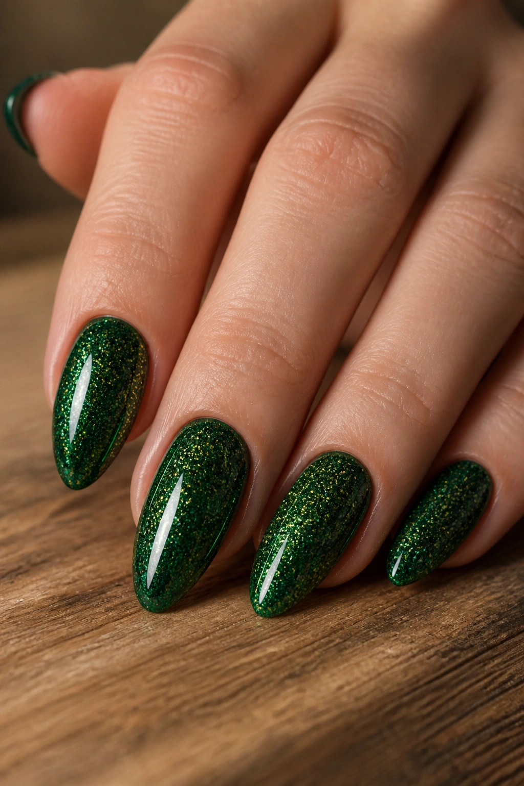 Close-up of emerald green almond nails with glitter on a real hand