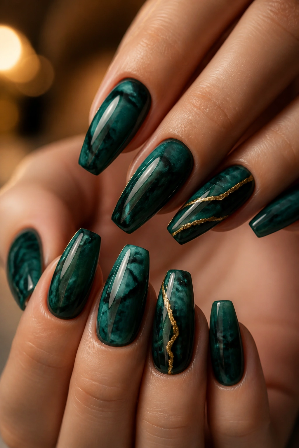 Close-up of emerald green marble coffin nails with gold cracks on a real hand