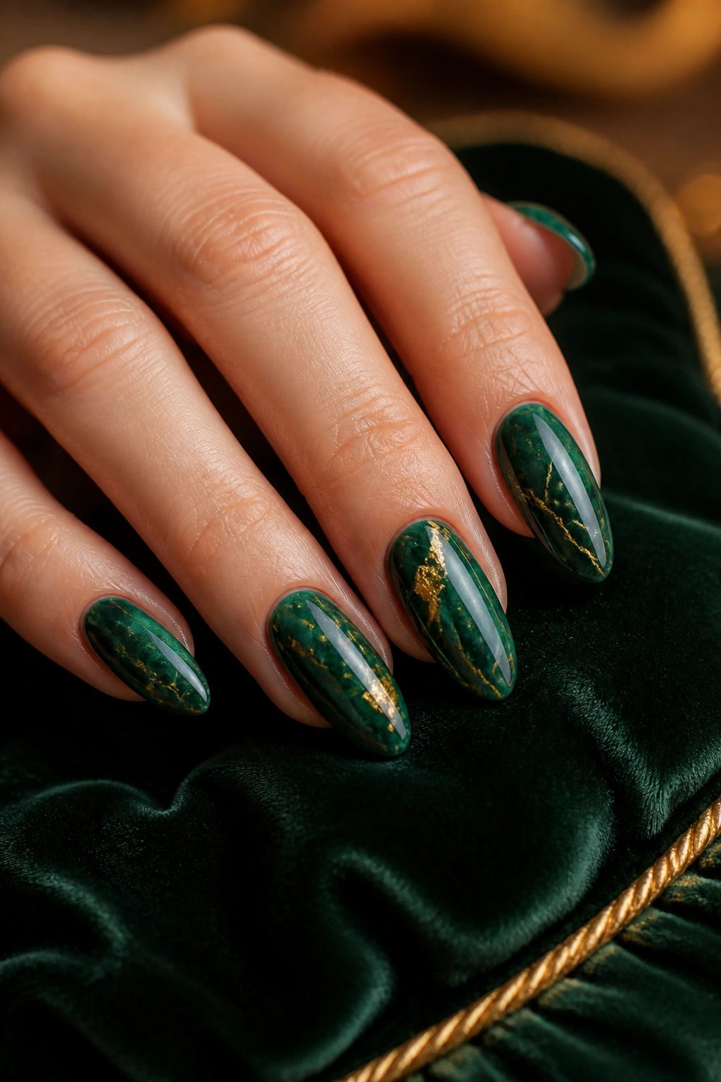 Almond nails with emerald marble and thin gold veins on a real hand