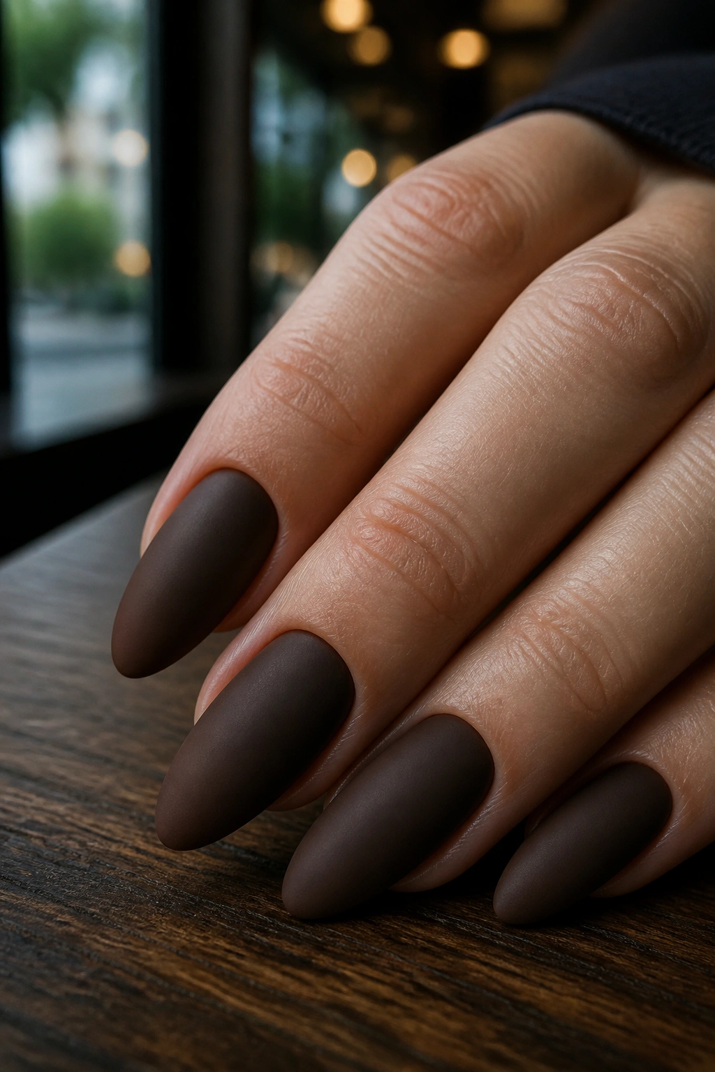 Close-up of espresso brown matte almond nails on a hand with warm lighting