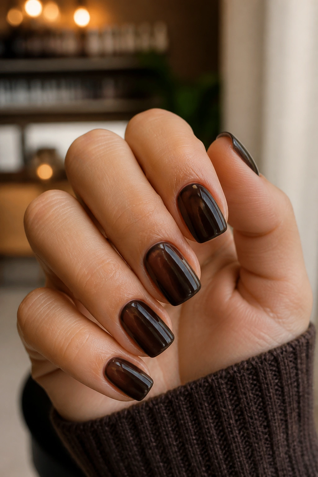 Close-up of short coffin nails in sheer espresso jelly showing depth