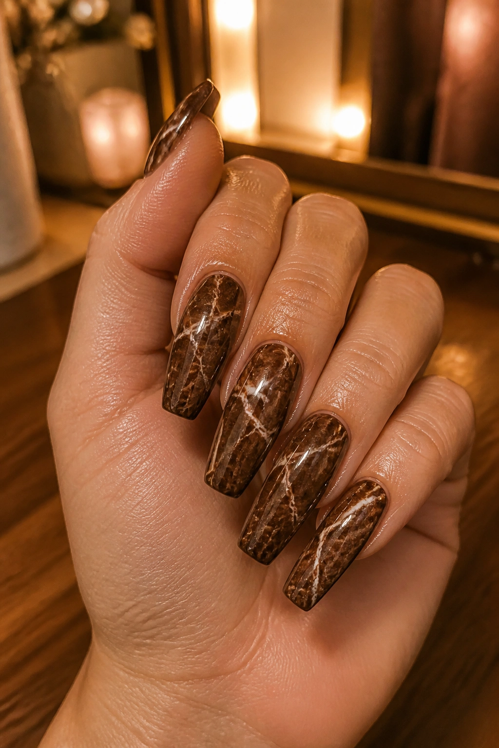 Close-up of brown espresso marble coffin nails with cream veins on a hand