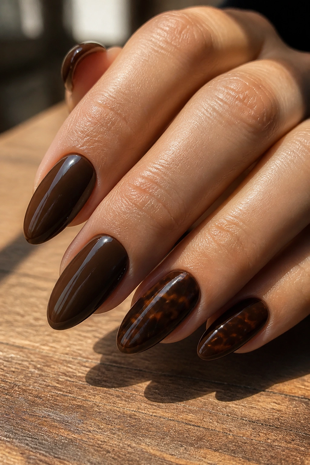 Close-up of almond nails with deep espresso base and tiny tortoise spots on a real hand