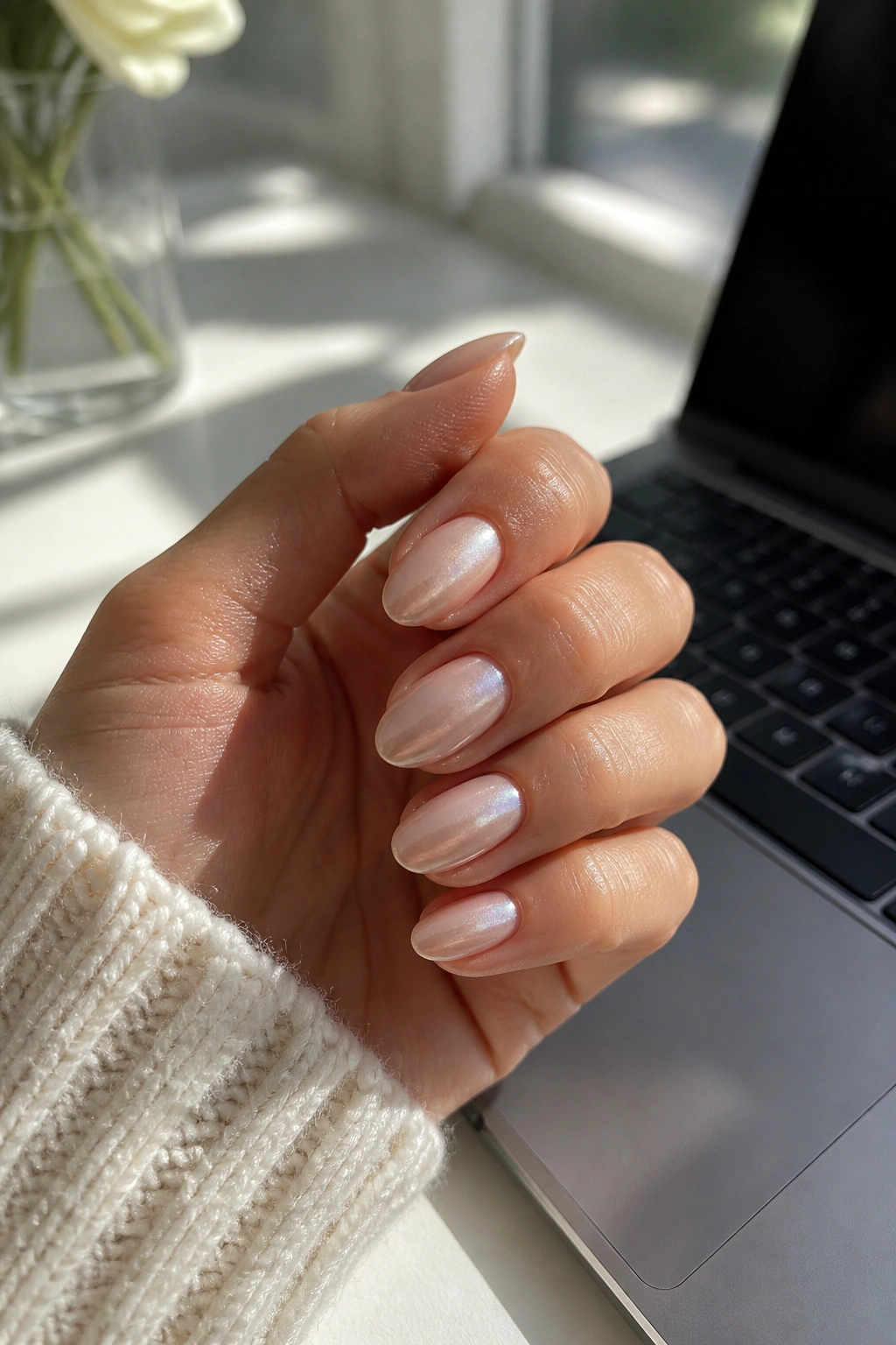 Close-up of everyday short almond nails with pearl finish on hand