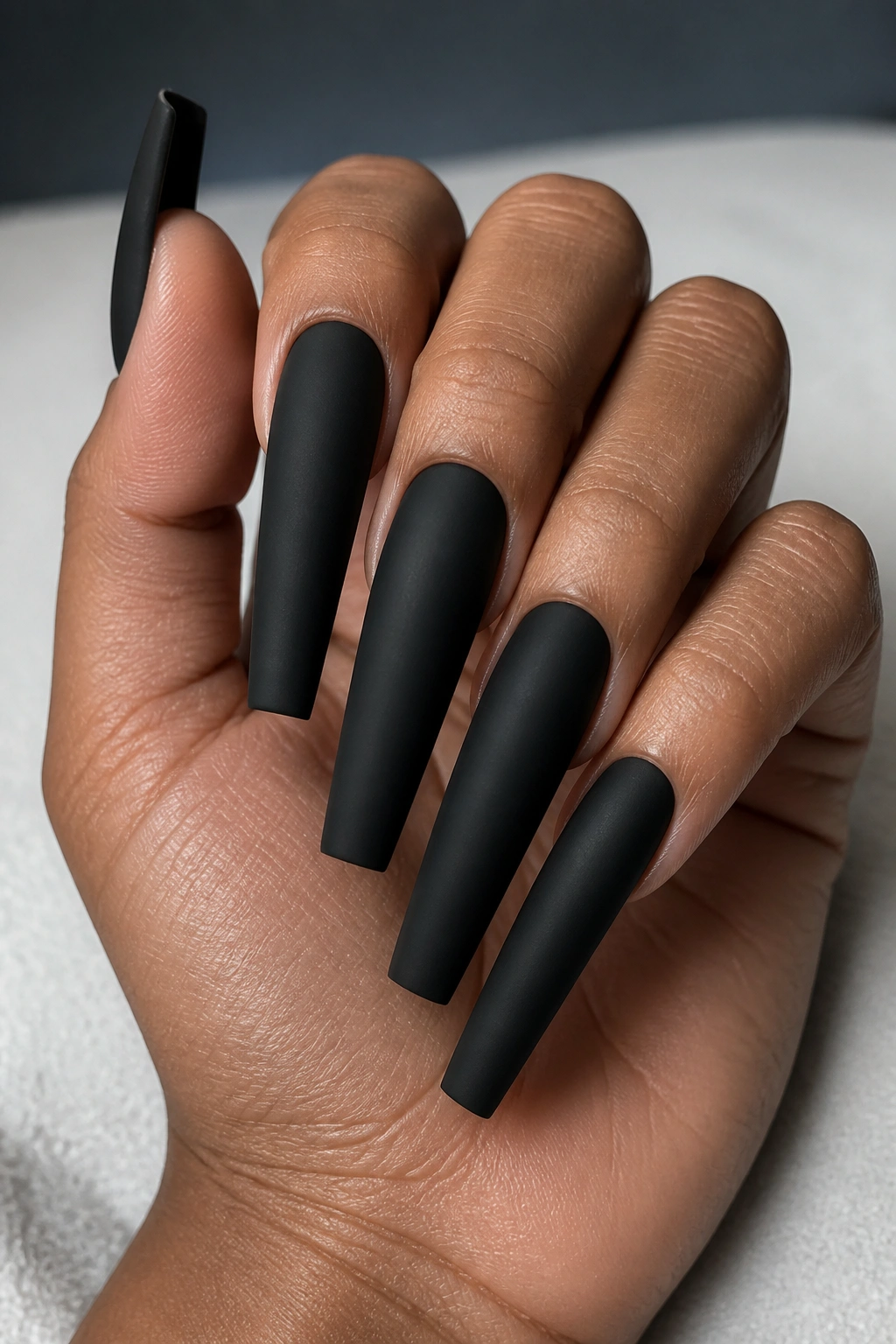 Extra-long matte black coffin nails with sharp sidewalls