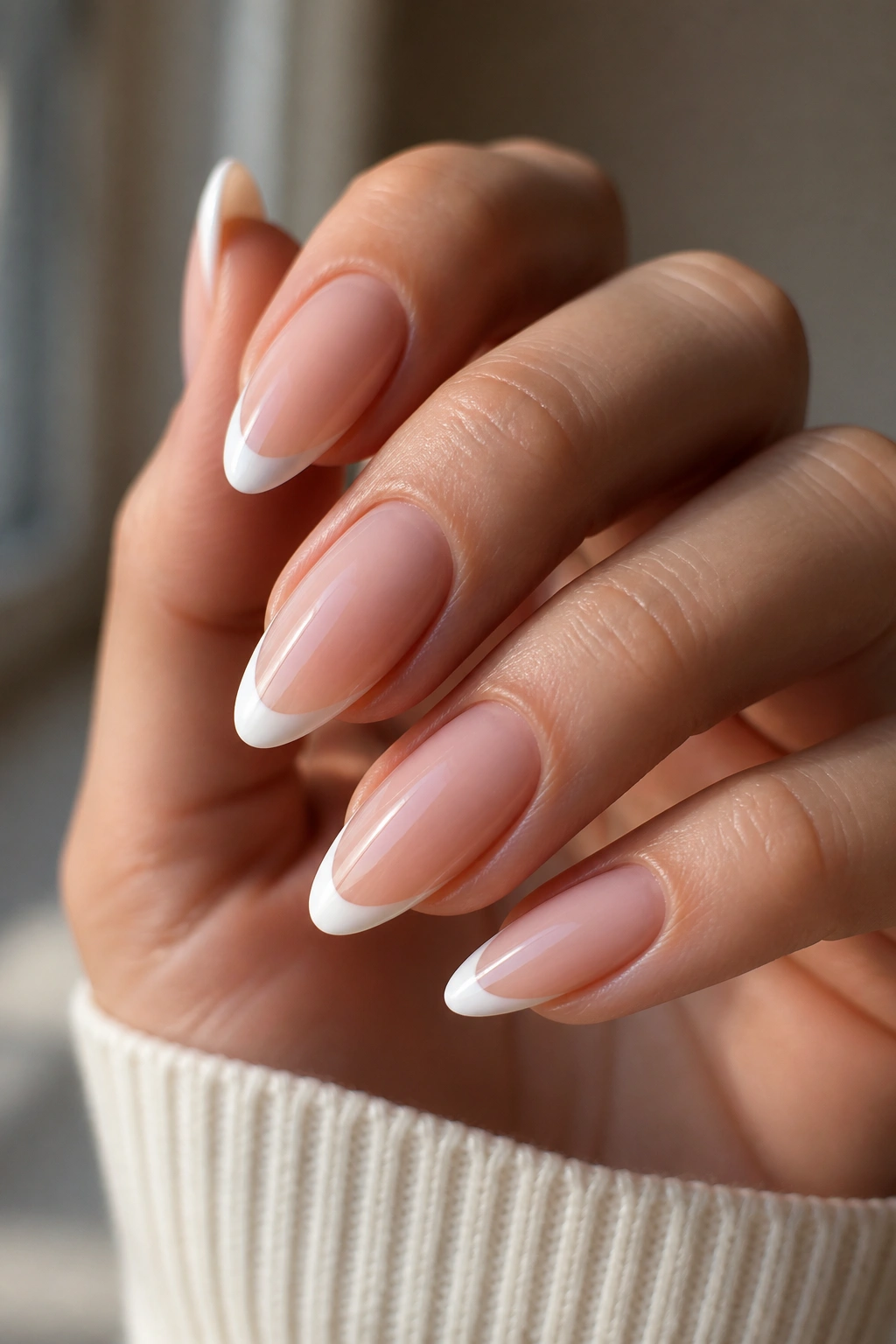 Close-up of minimalist almond nails with a clean finish in natural light