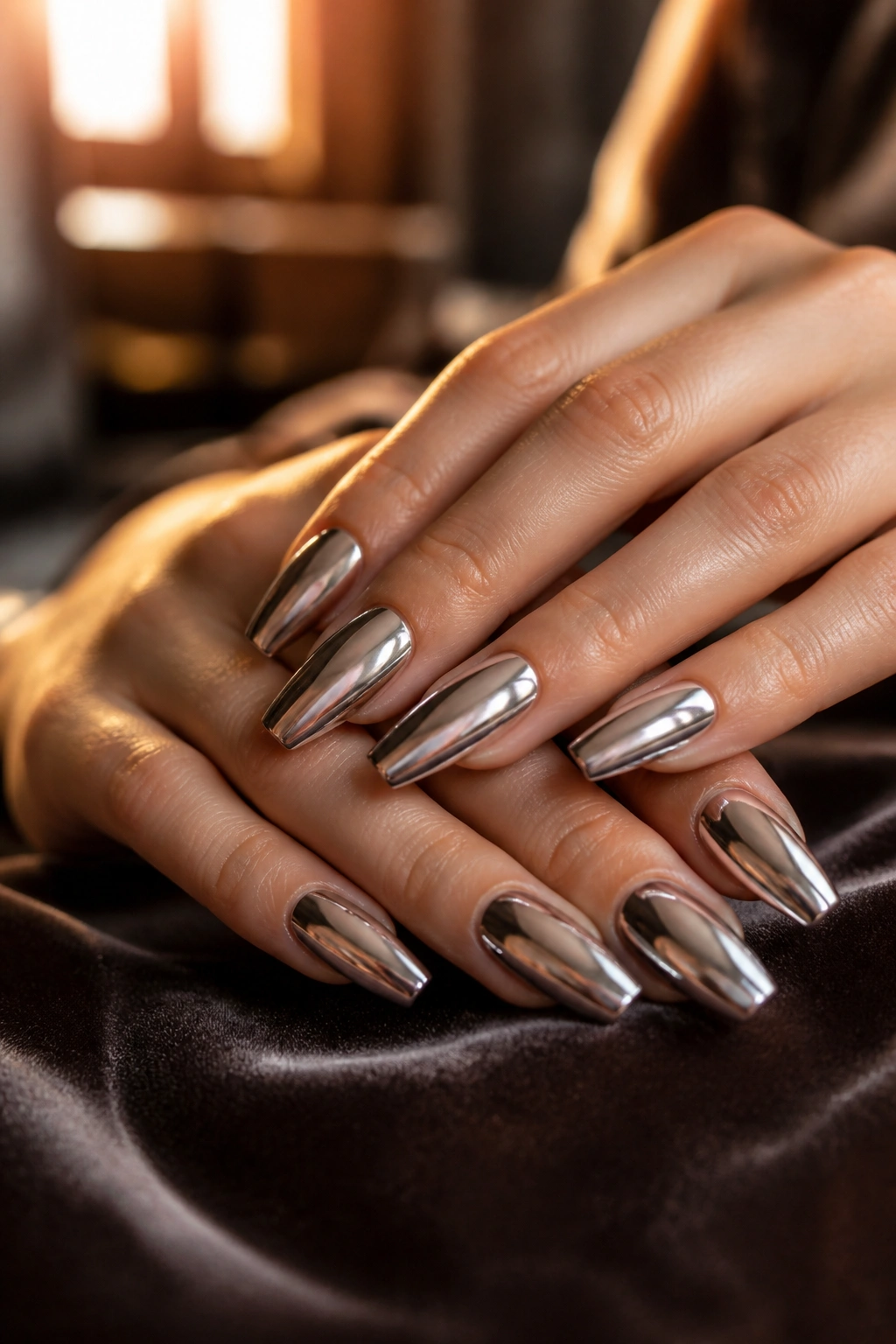 Close-up of real hands with chrome ballerina nails on velvet, warm lighting