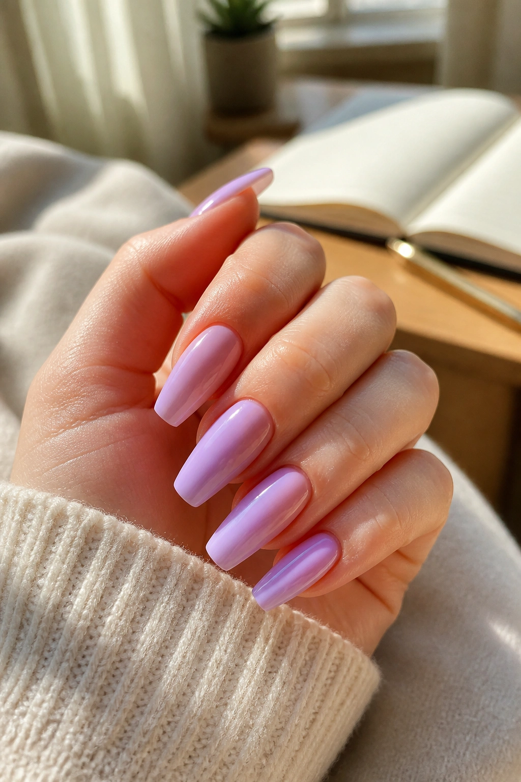 Close-up of real hand with lilac coffin nails in a sunlit room resting on a notebook.