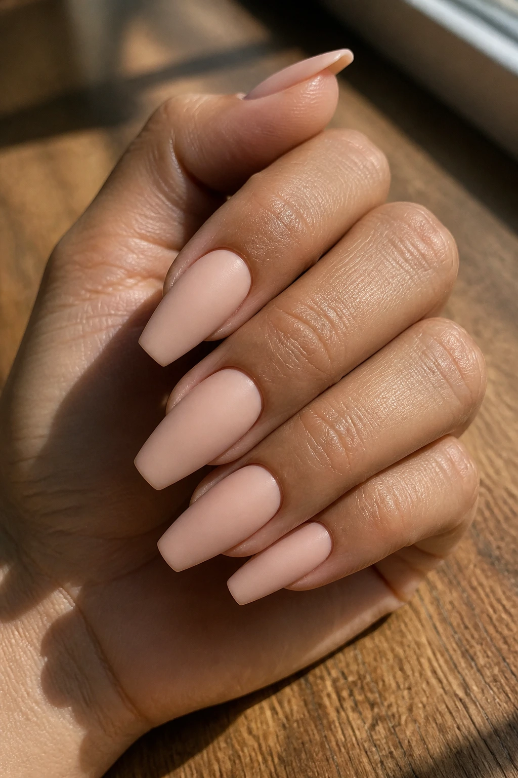 Close-up of a hand with matte coffin nails in soft nude shade