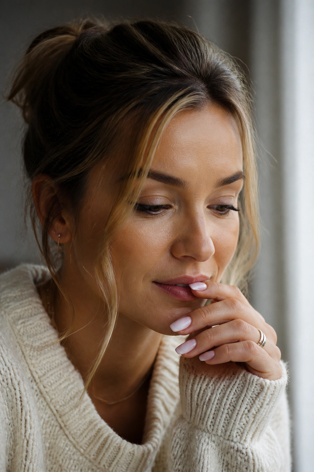 Close-up portrait of a real person in warm indoor light, conveying final thoughts and reflection