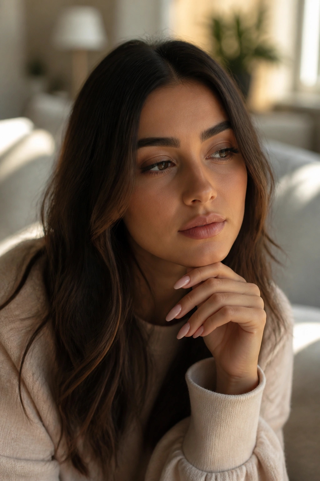 Close-up portrait of a real person with a contemplative expression in warm window light