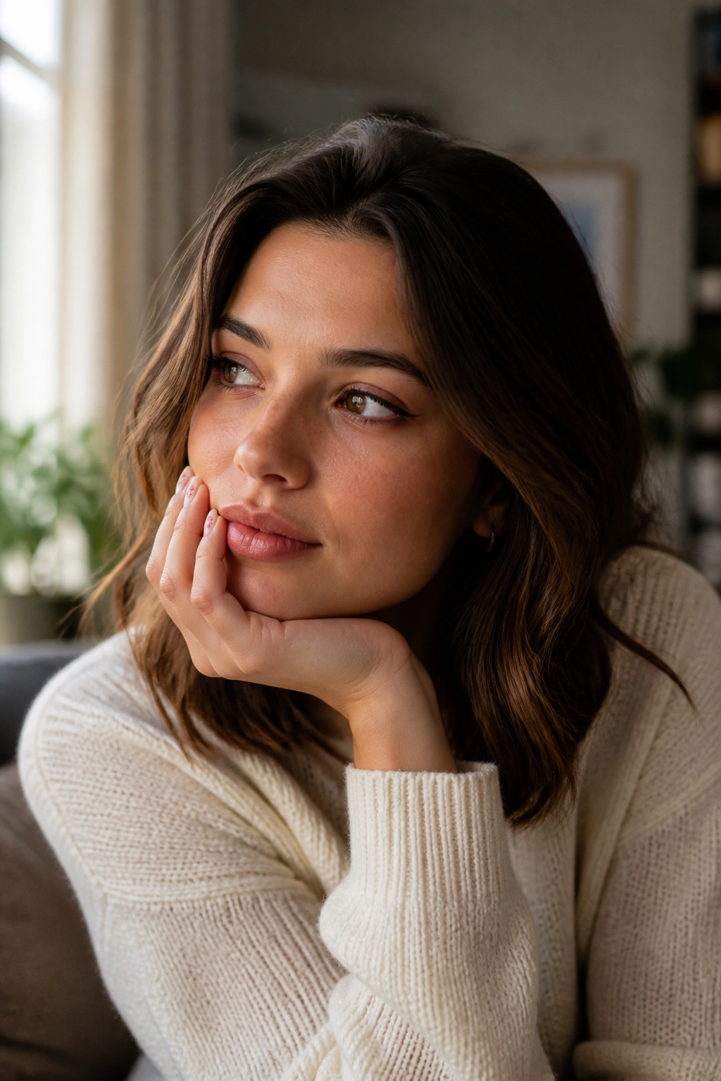 Close-up portrait of a real person in a contemplative moment with warm window light