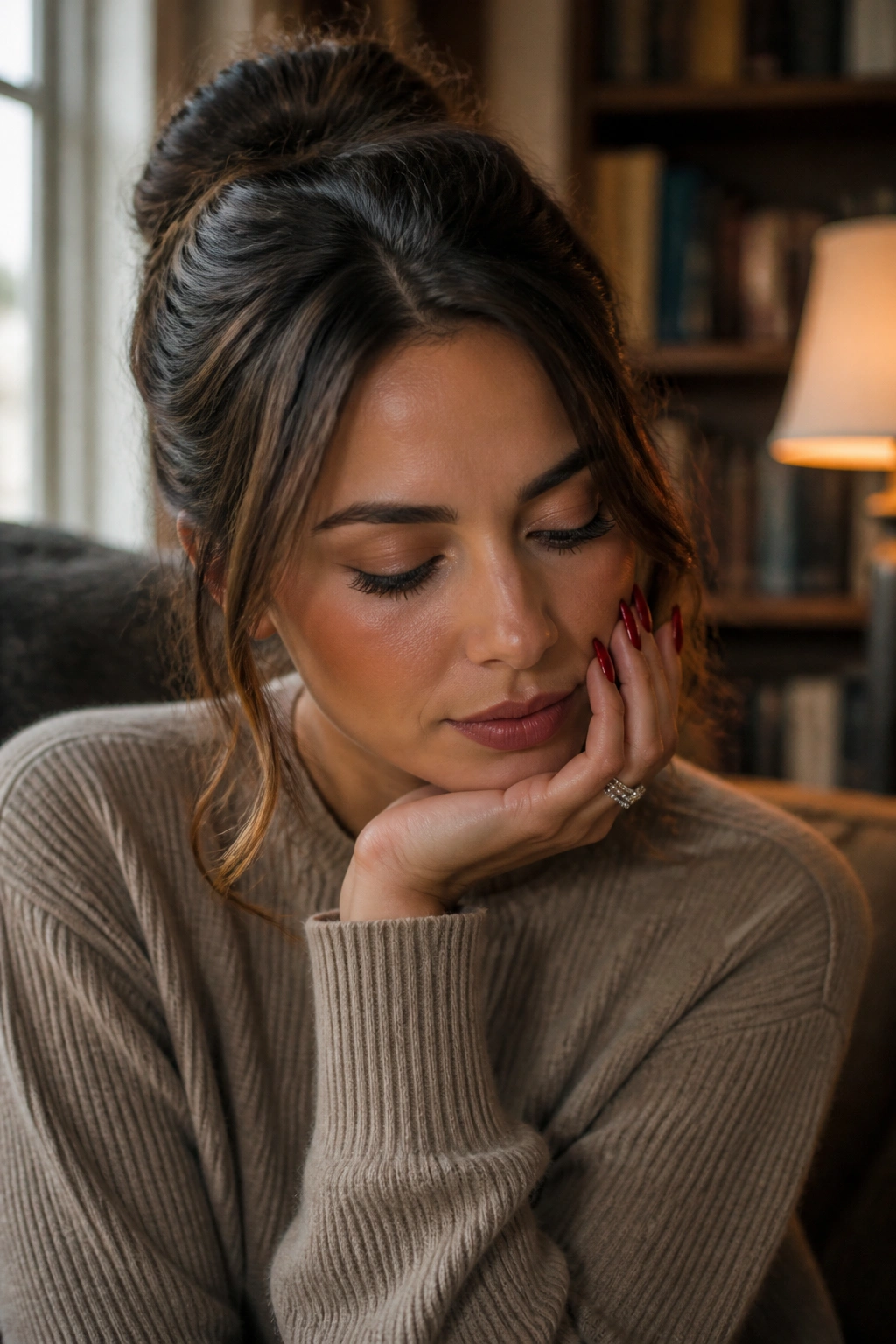 Close-up portrait of a real person in a thoughtful moment with warm ambient lighting