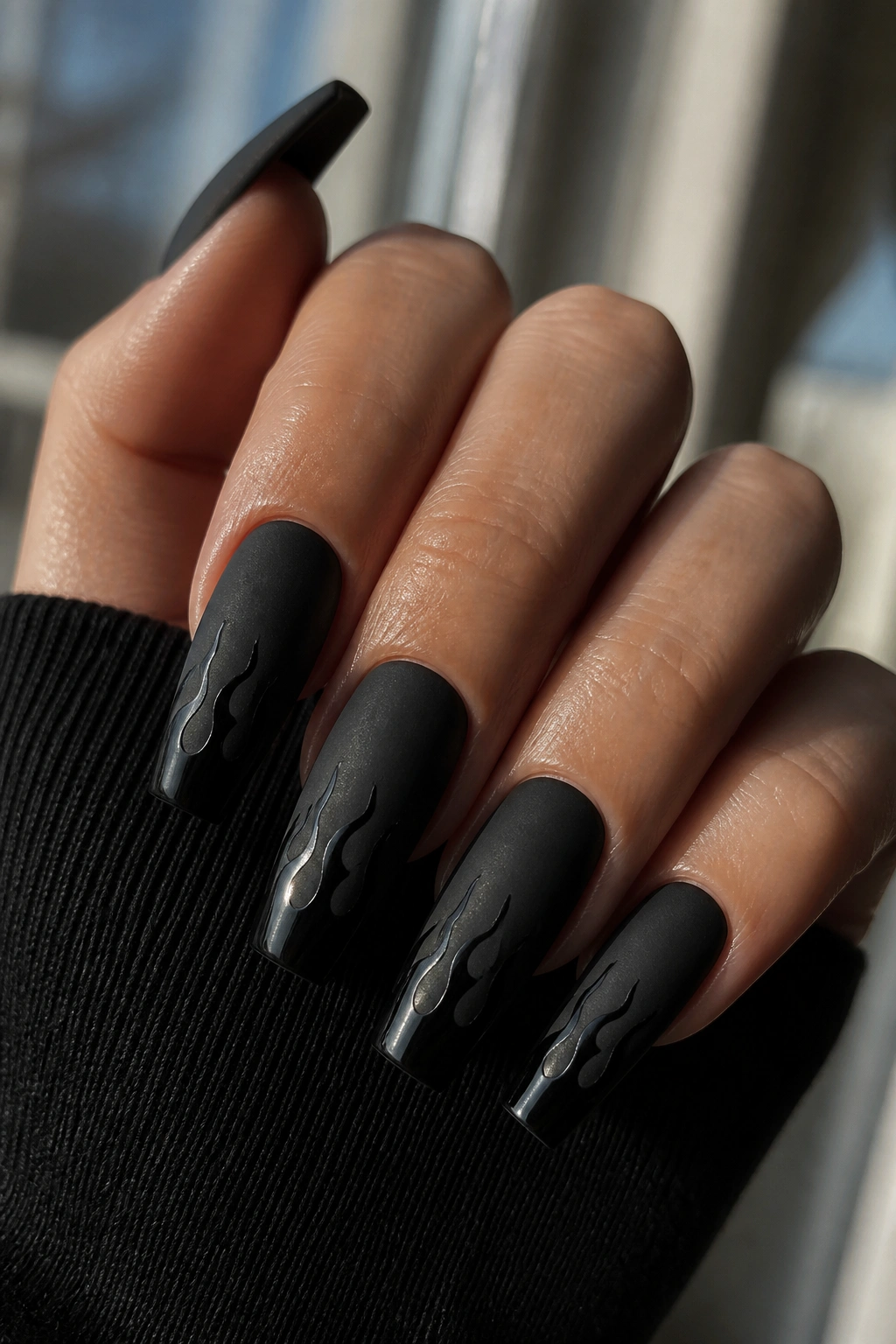 Close-up of tonal black flame nail art on coffin tips