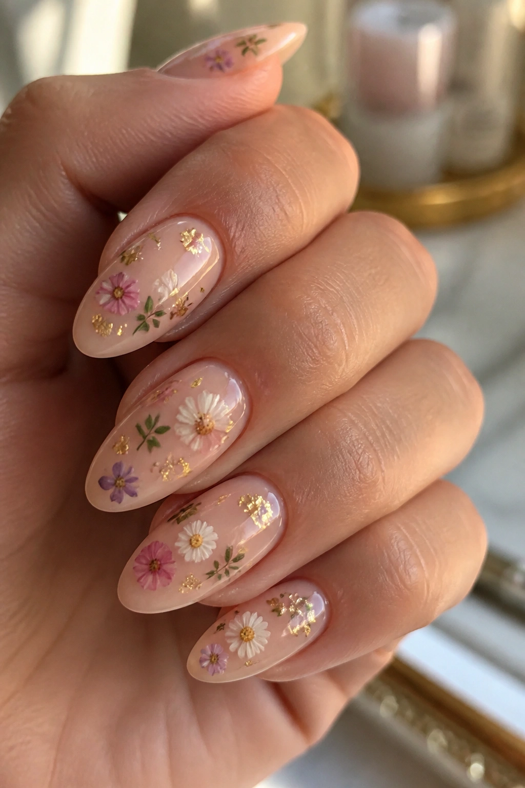Close-up of almond nails with tiny mixed blossoms and subtle gold foil specks on nude base