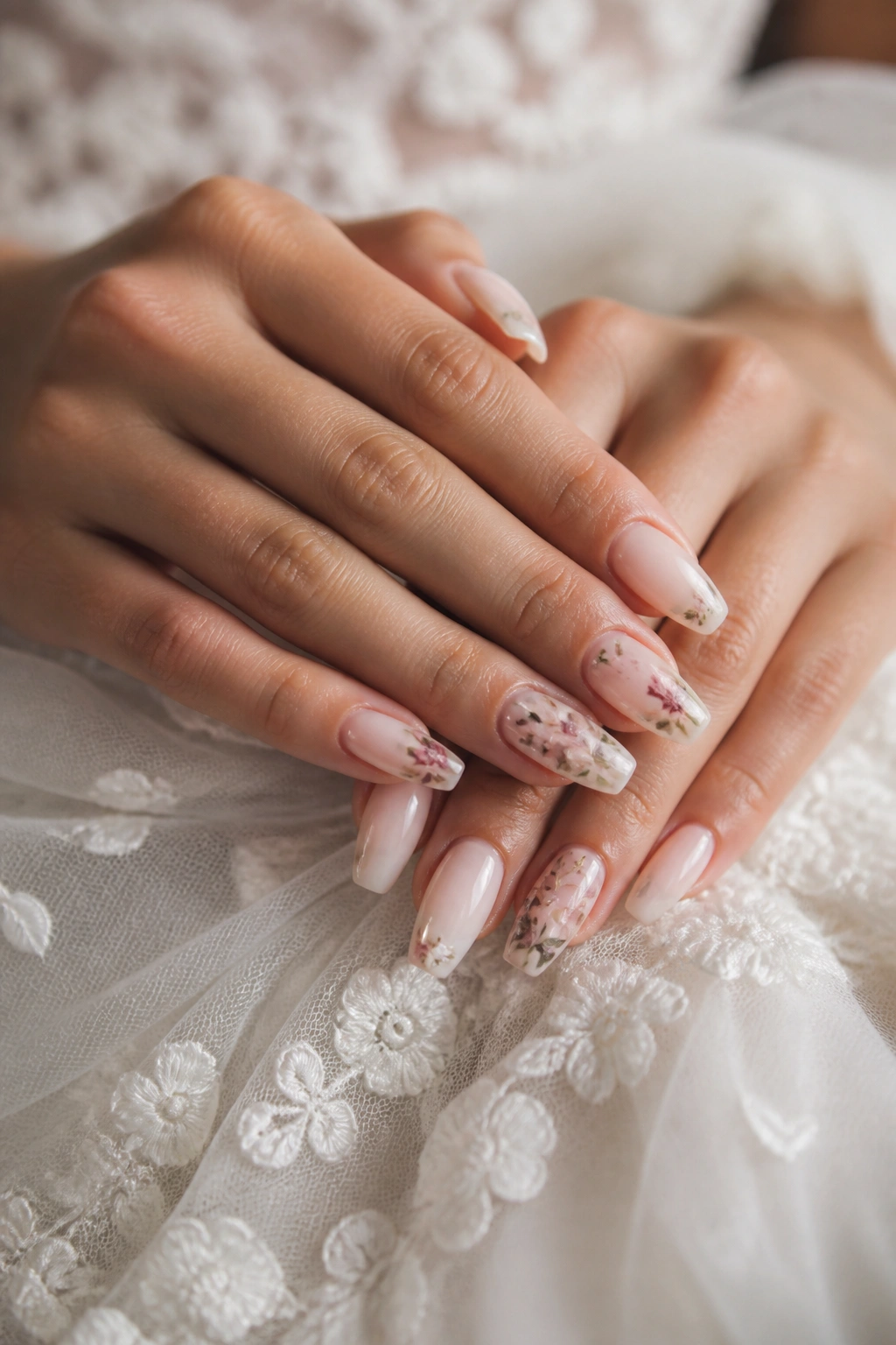 Close-up of floral coffin nails with pressed-petal accents on accent fingers, bridal lighting