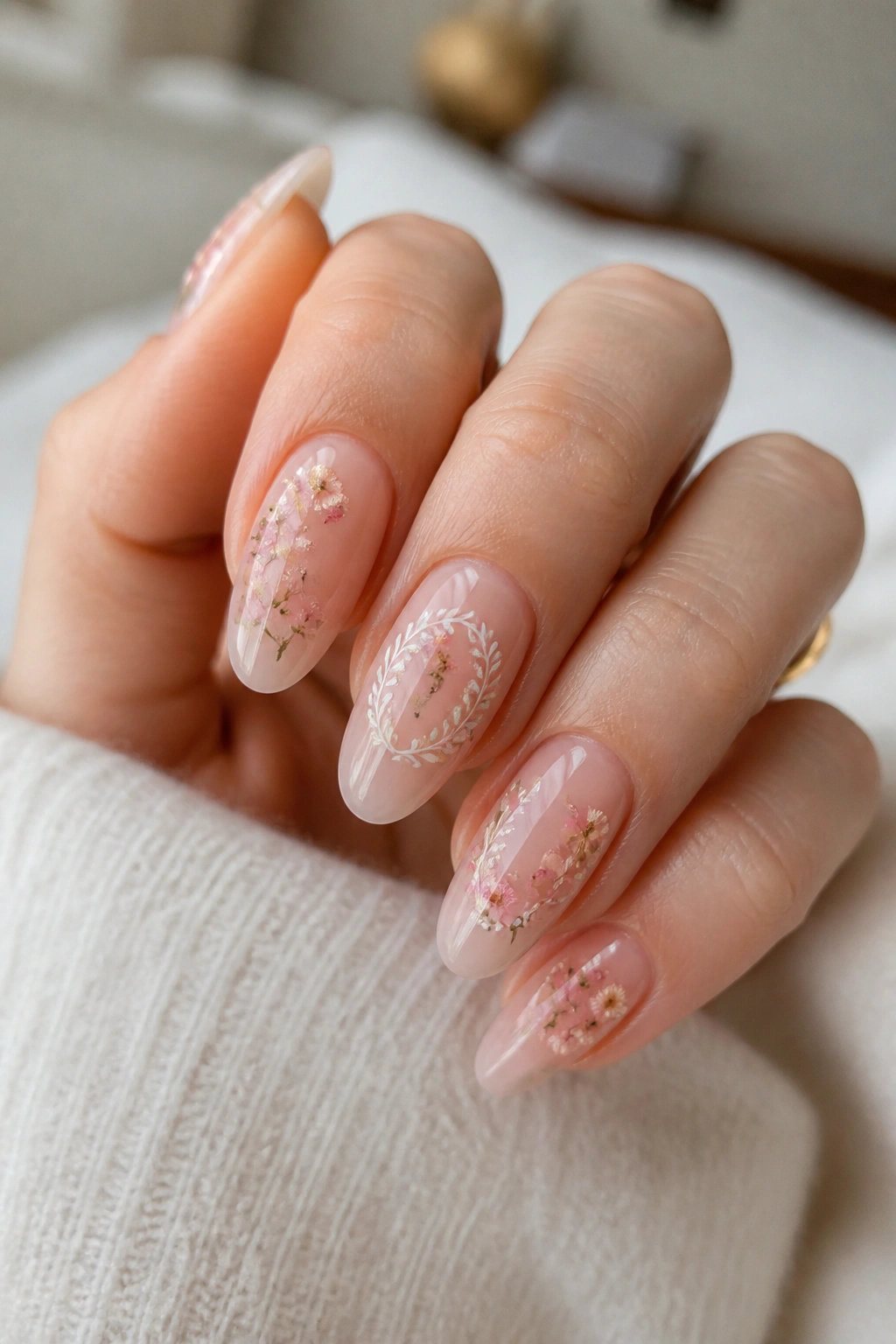 Almond nails with tiny blossoms and subtle initial motif over sheer pink base