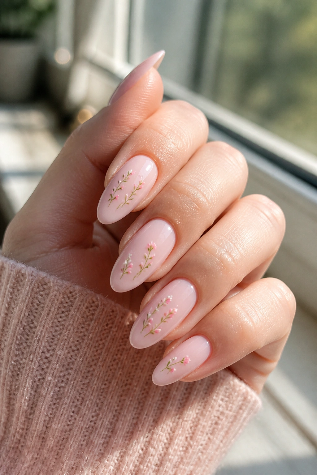 Close-up of tiny floral sprigs on soft pink almond nails