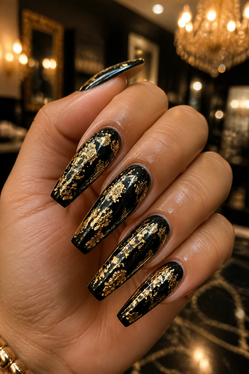 Black and gold foil coffin nails close-up