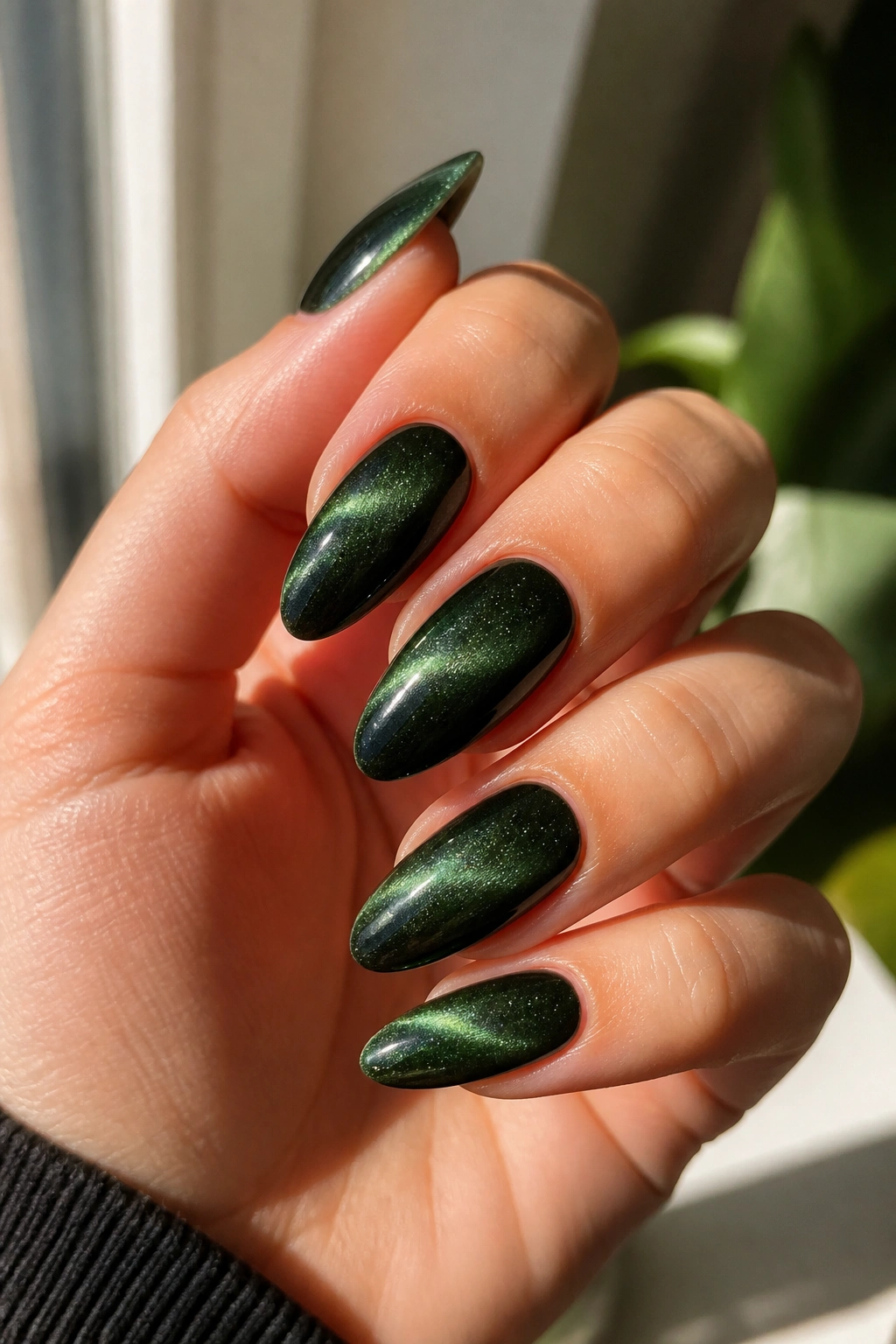 Close-up of real hand with forest green cat-eye almond nails showing shifting stripe