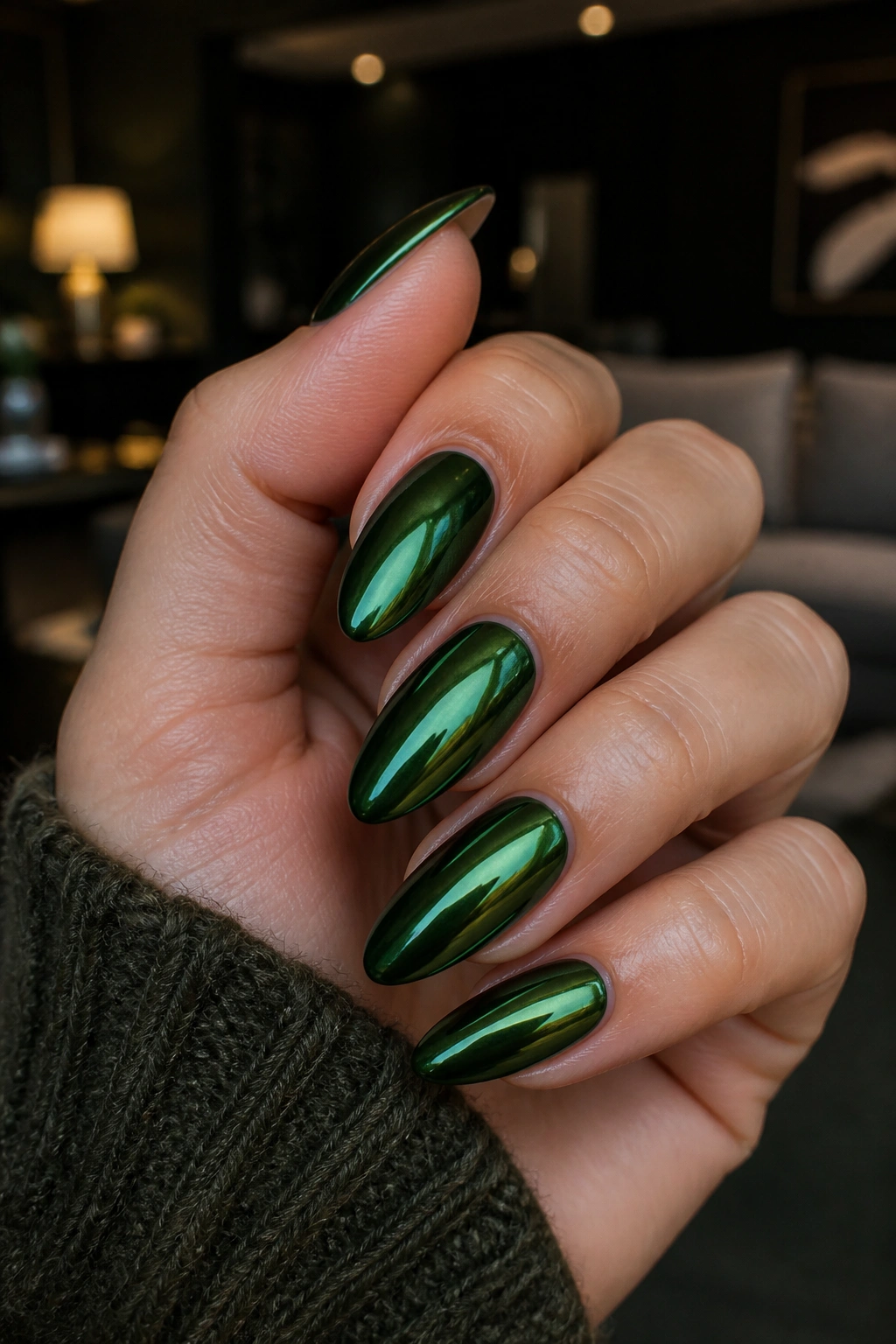 Close-up of forest green chrome almond nails on a real hand
