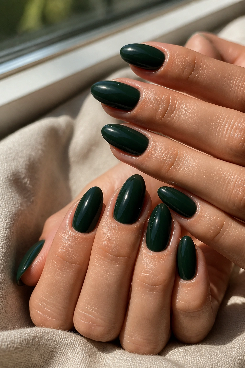 Close-up of real hands showcasing glossy forest green almond nails, nails filling the frame
