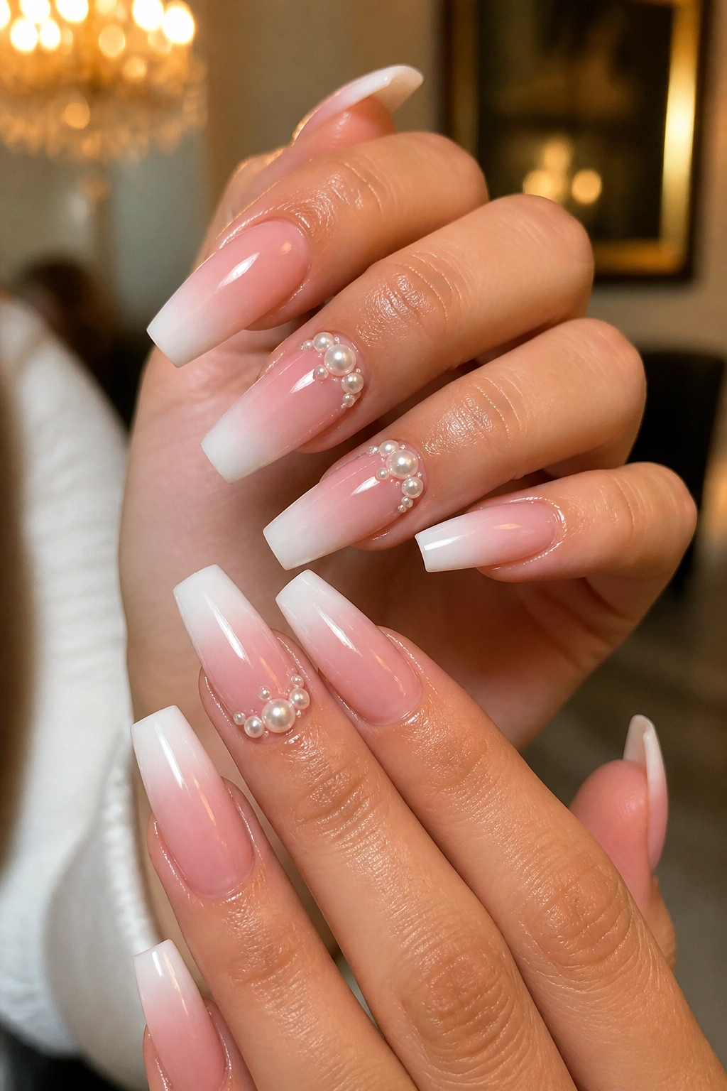 French fade coffin nails with 3D pearl accents