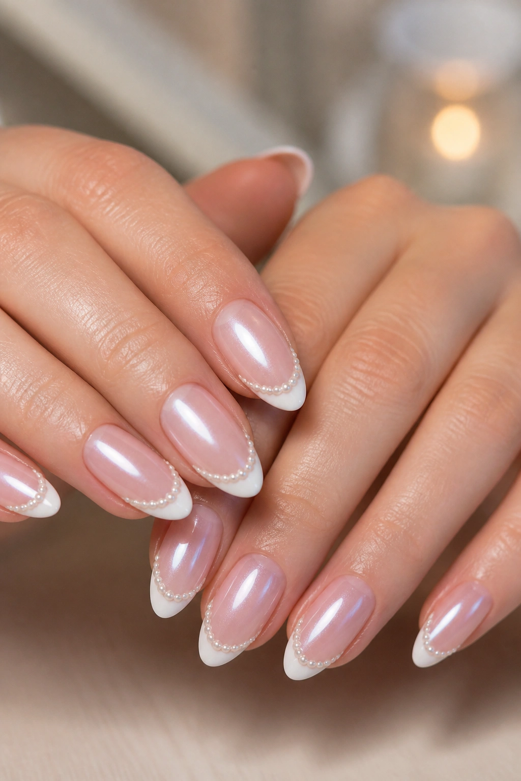 Close-up of almond nails with French tips and micro pearls