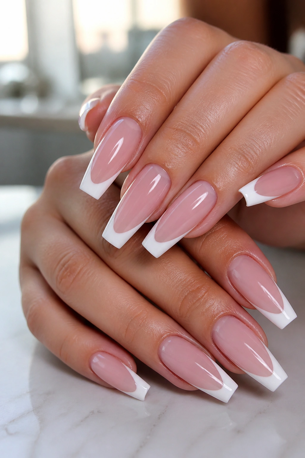 Close-up of hands showing French tip coffin nails with a pink base and white tips.