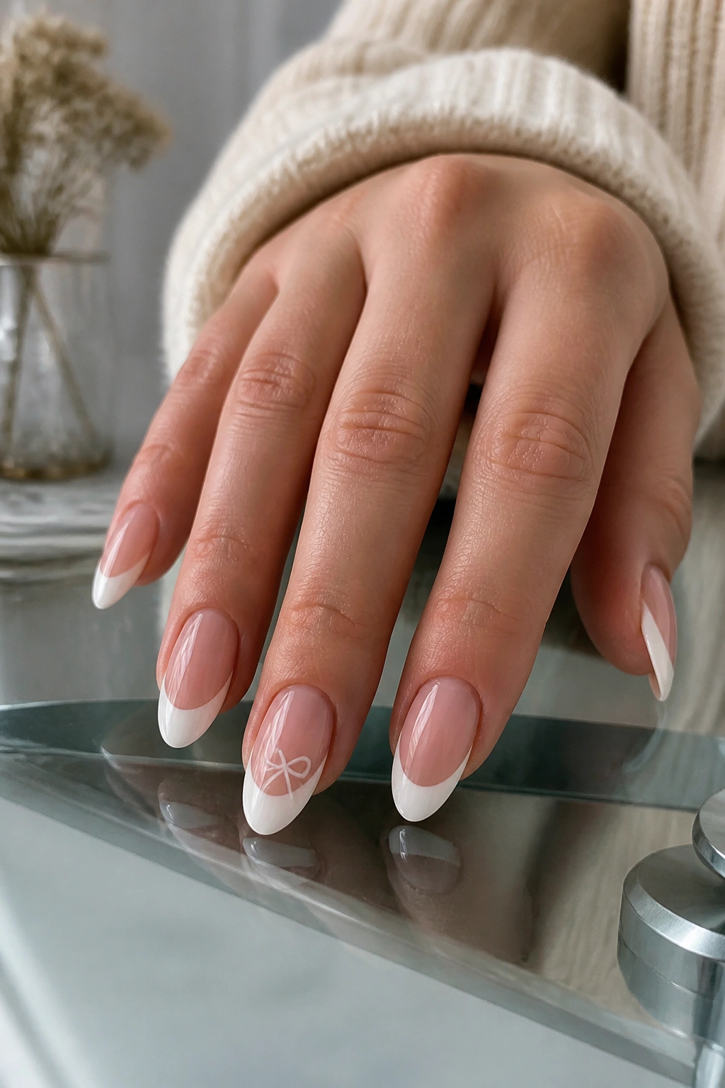 Close-up of almond nails with a French tip and a single bow accent
