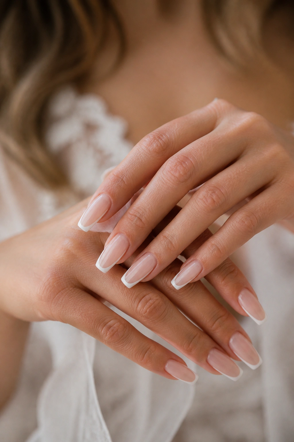 Close-up of real hands with thin French tip coffin nails