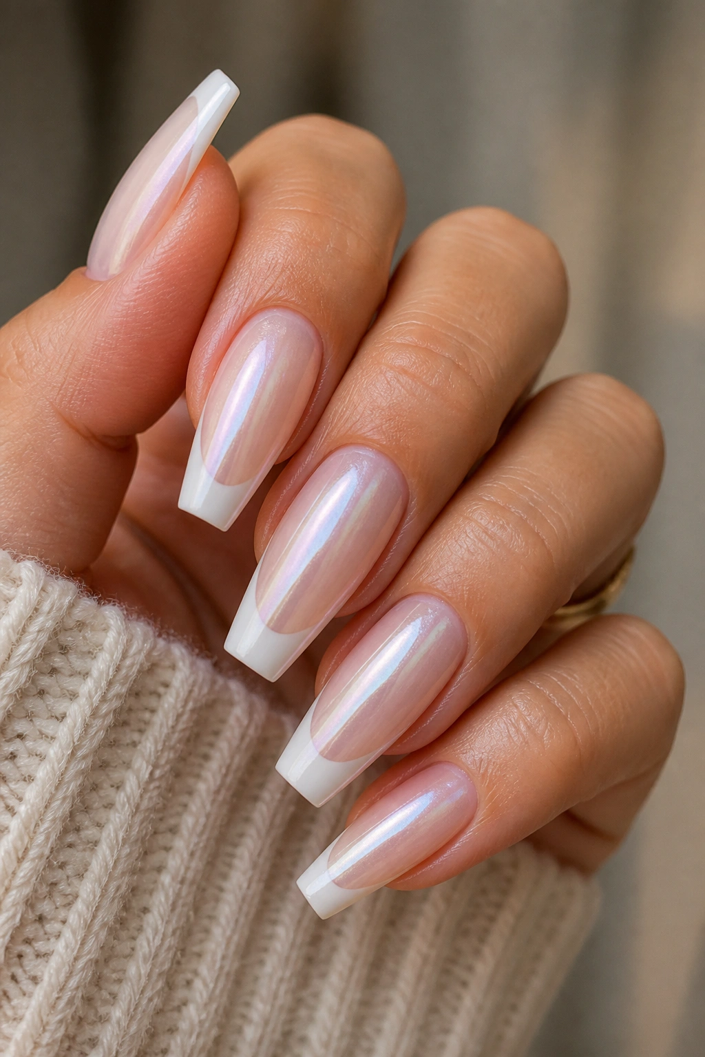 Close-up of coffin nails with French tip and chrome veil on a real hand