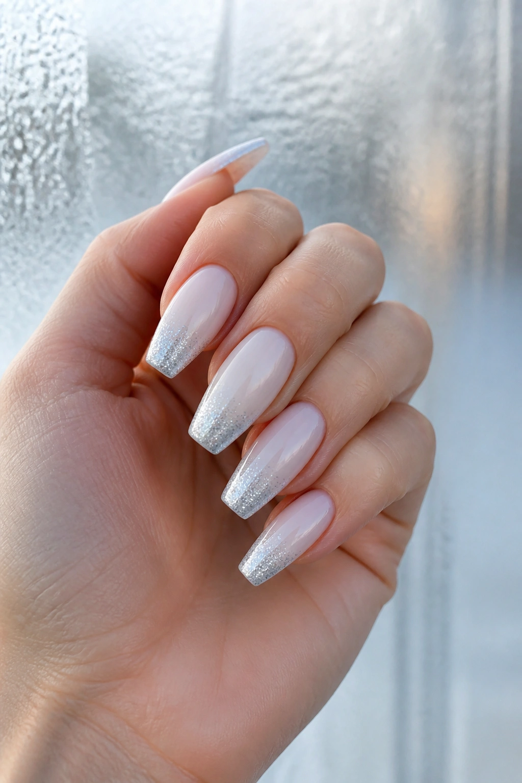 Close-up of frosted white coffin nails with silver tip dust on real hand