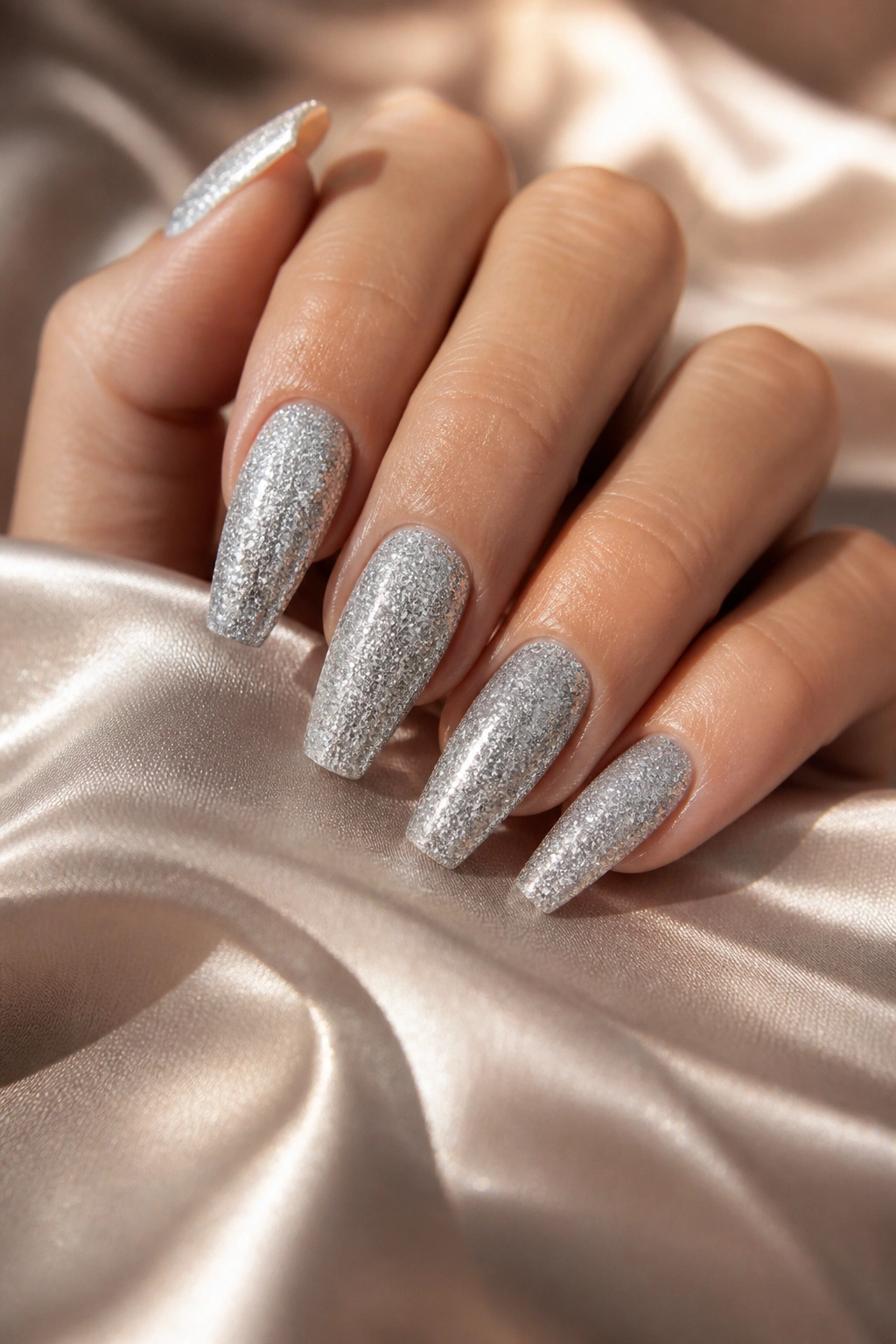 Close-up of full-glitter silver coffin nails on real hand