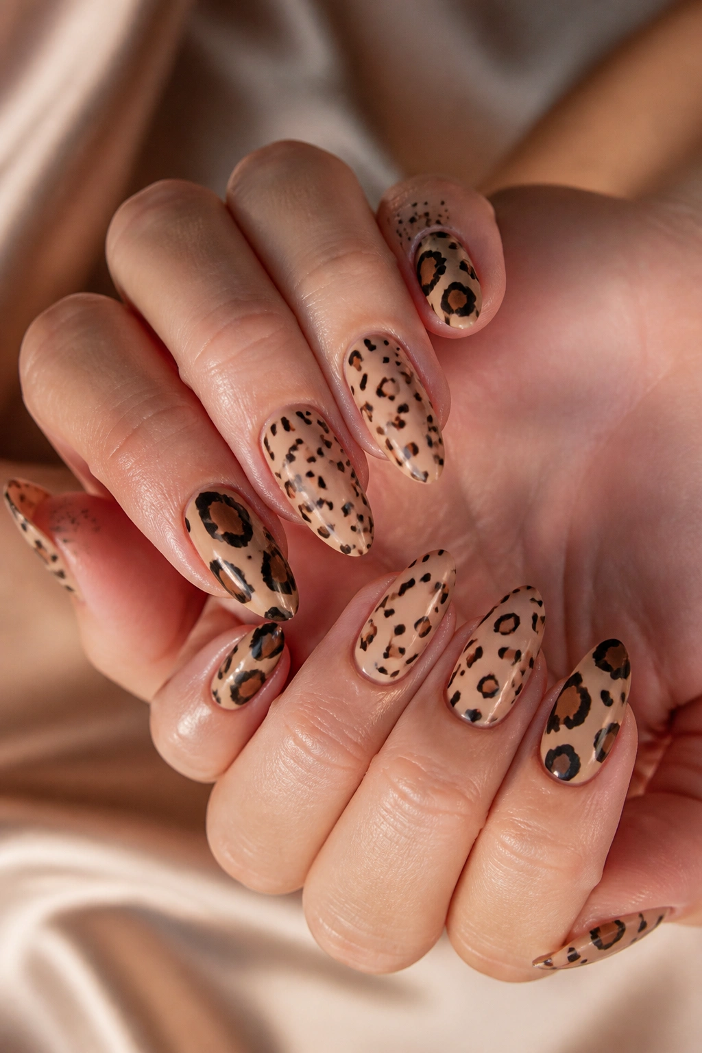 Full set almond nails featuring mixed cheetah spots on a real hand