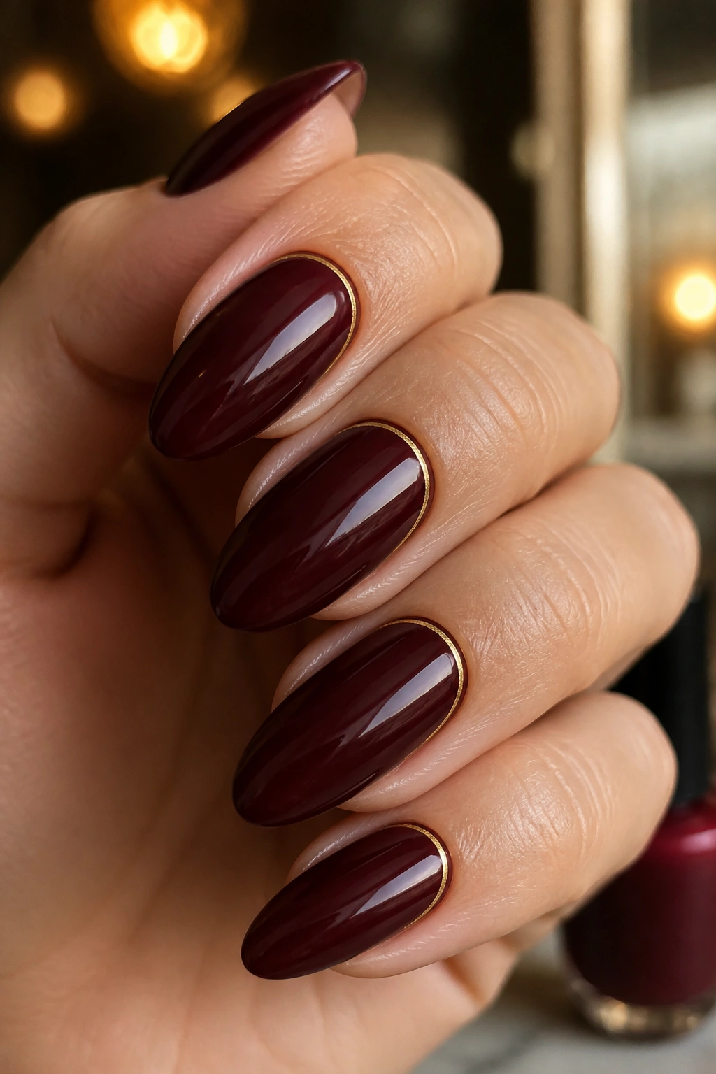 Almond nails garnet color with a gold line along the edge