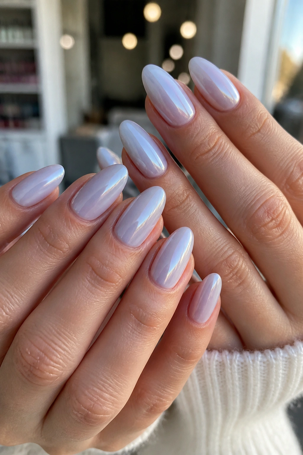 Close-up of glazed baby blue almond nails on a real hand with sheer milky blue glaze and glossy finish