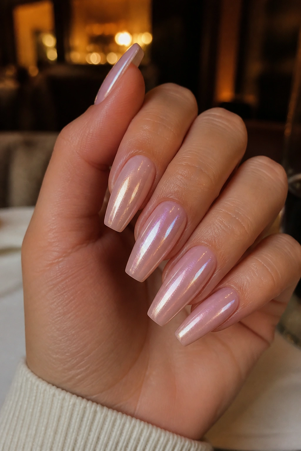 Close-up of glazed blush coffin nails with a pearl sheen