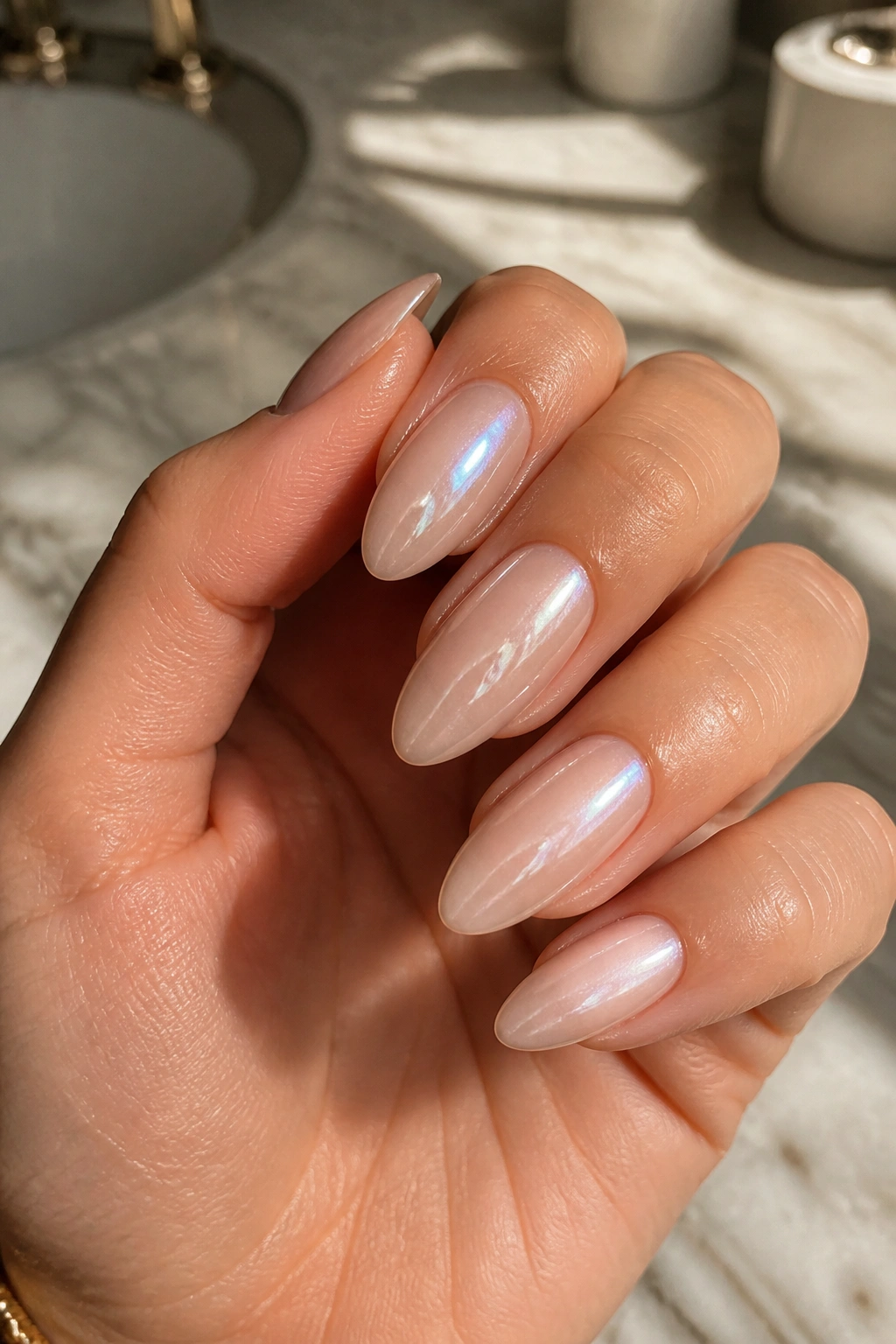 Close-up of a real hand showing almond-shaped glazed nude chrome nails with pearly shine