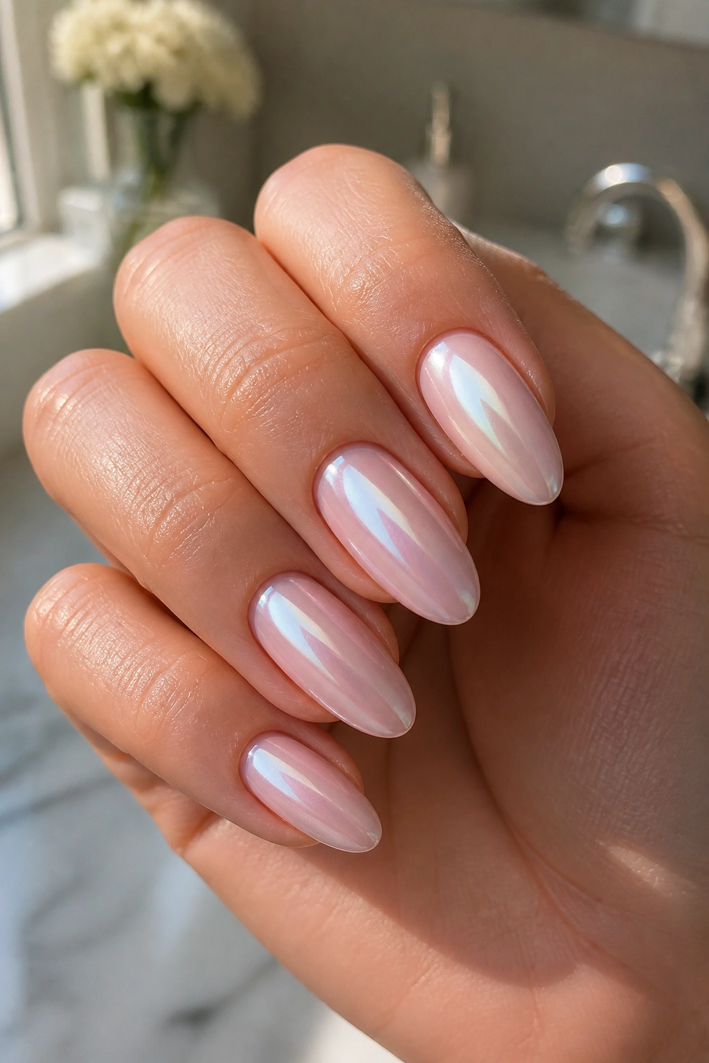 Close-up of almond nails with pale pink base and glazed donut pink glaze