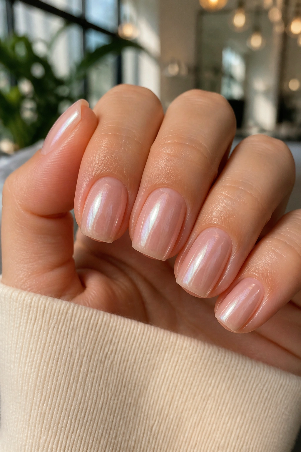 Close-up of short coffin nails with glazed pearl chrome over sheer nude base